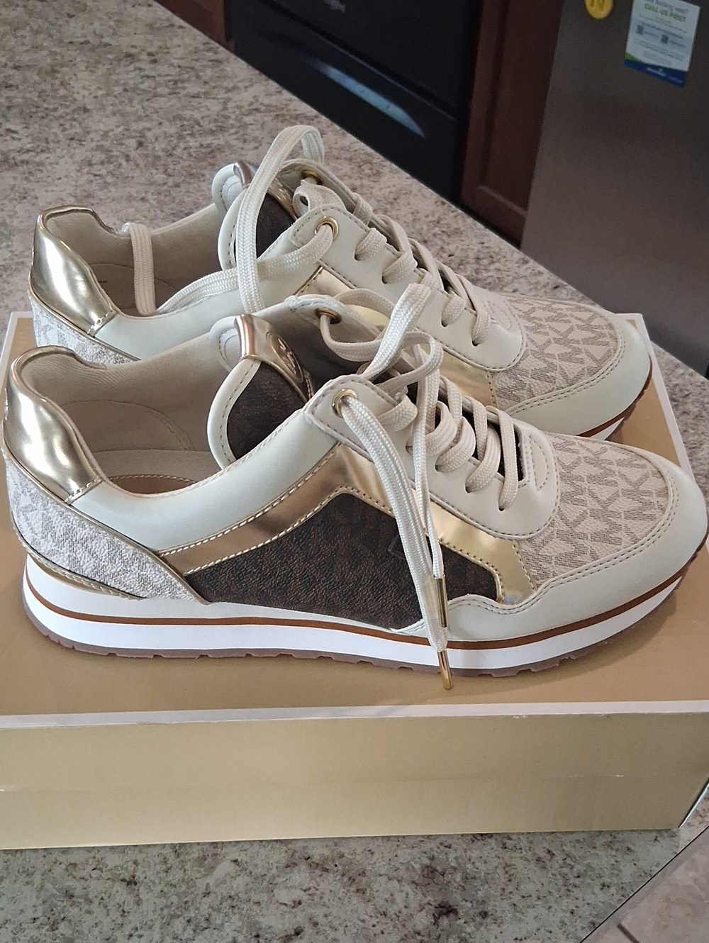 Michael Kors Beige, Brown & Gold Logo Lace-Up Sneakers